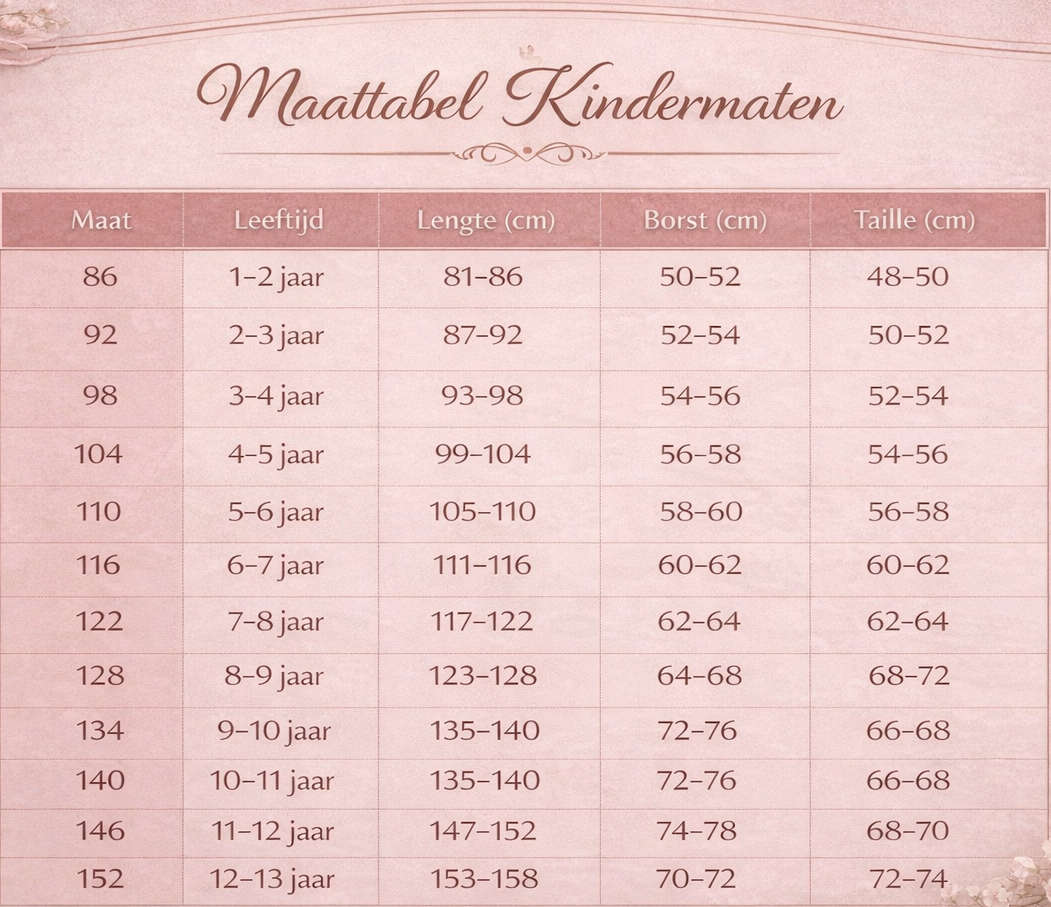 Maattabel voor kinderkleding van 0 tot 14 jaar