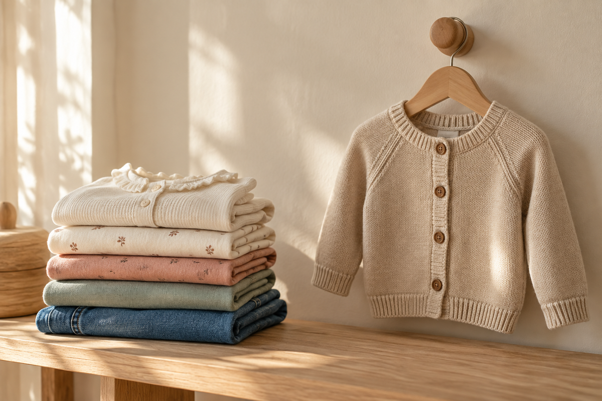 Kinderkleding in rustige, natuurlijke kleuren