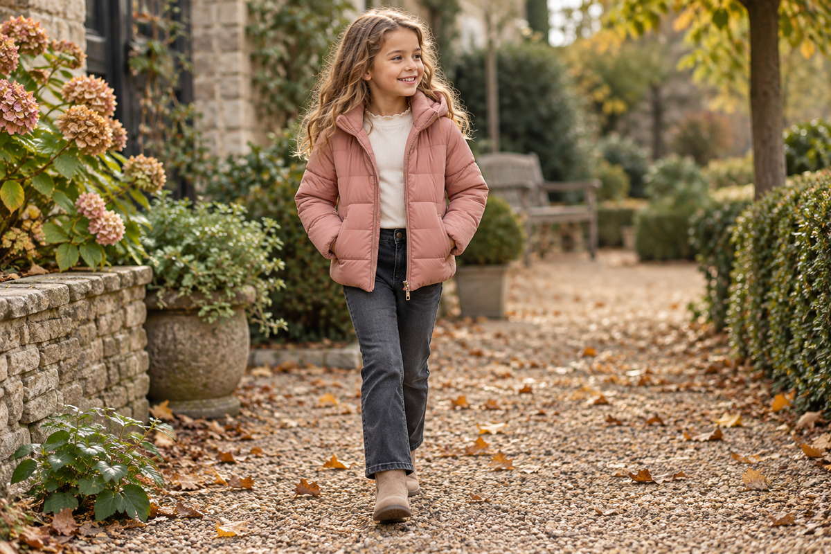 Meisje in een roze gewatteerde jas en grijze jeans in een herfsttuin