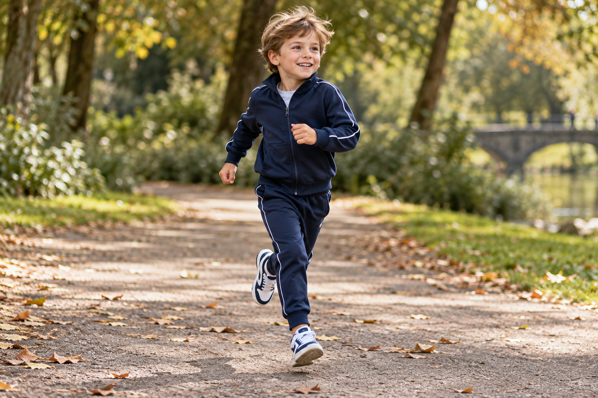 Jongen rent door het park in een navy joggingpak