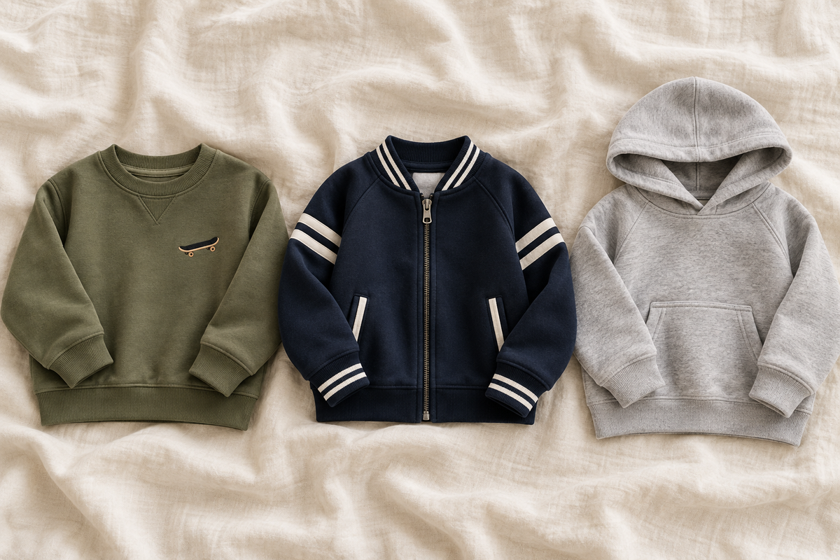 Groene jongenstrui, navy baseball vest en grijze hoodie naast elkaar