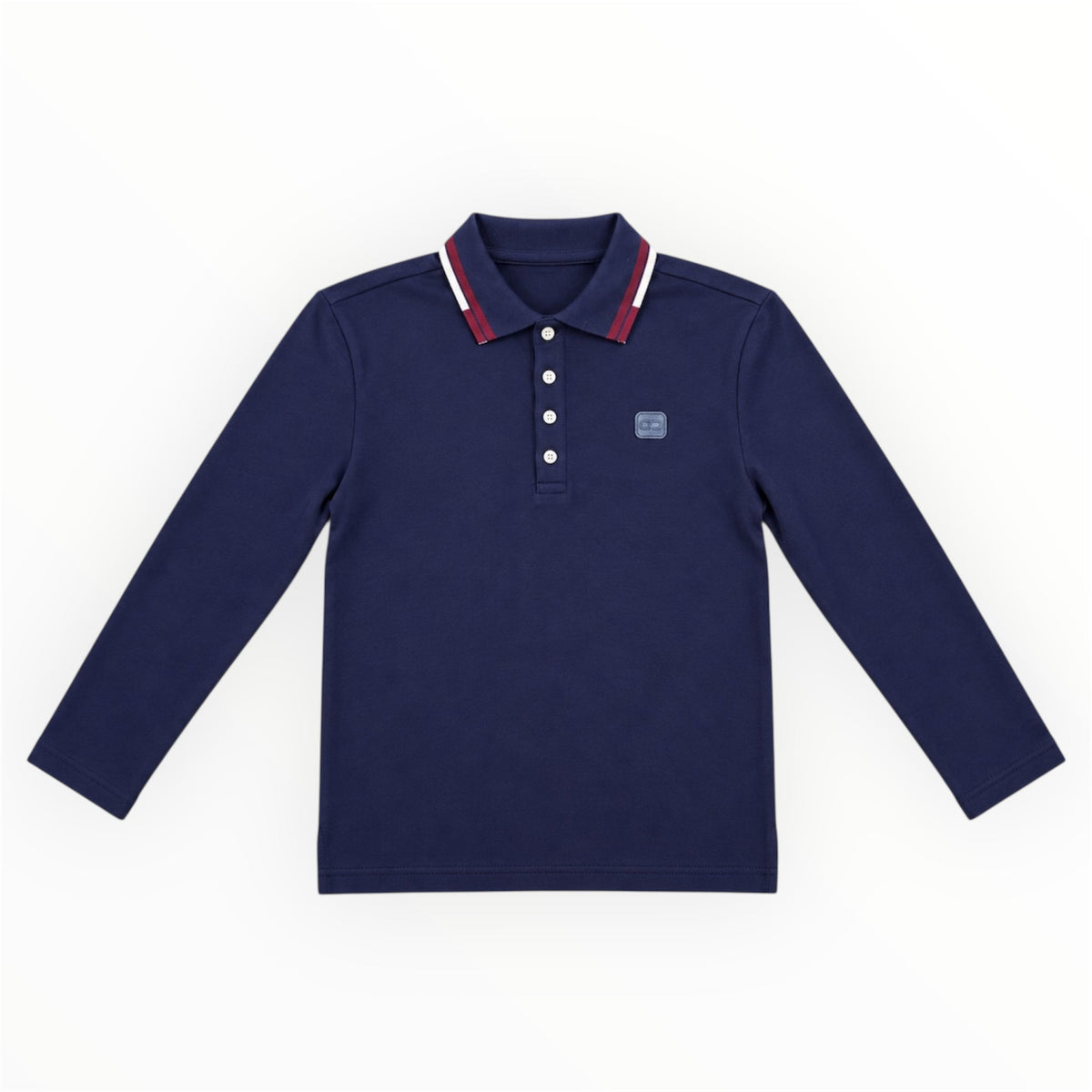 Navy jongens polo met lange mouw en rood-witte details