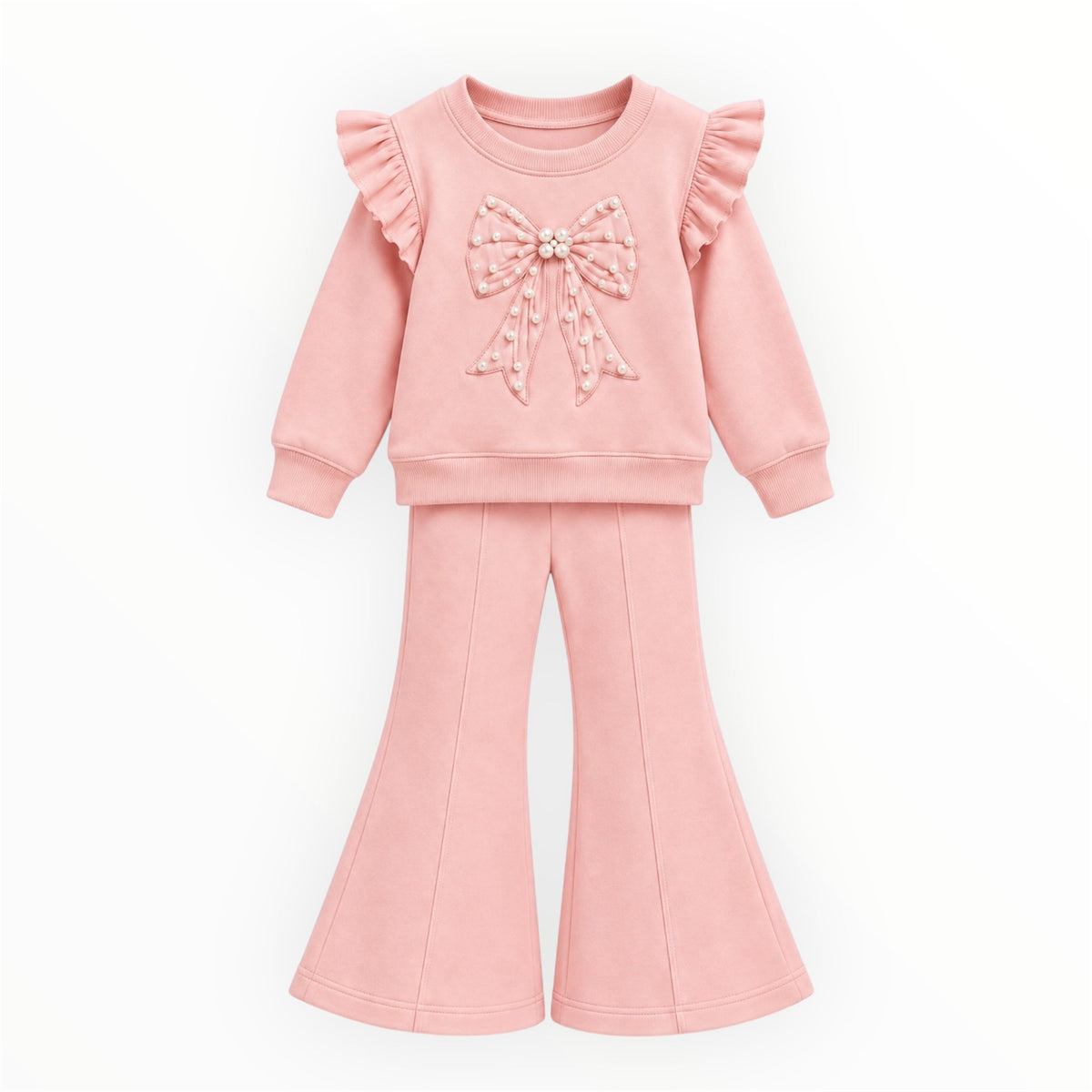 Roze meisjes flared set met parelstrik