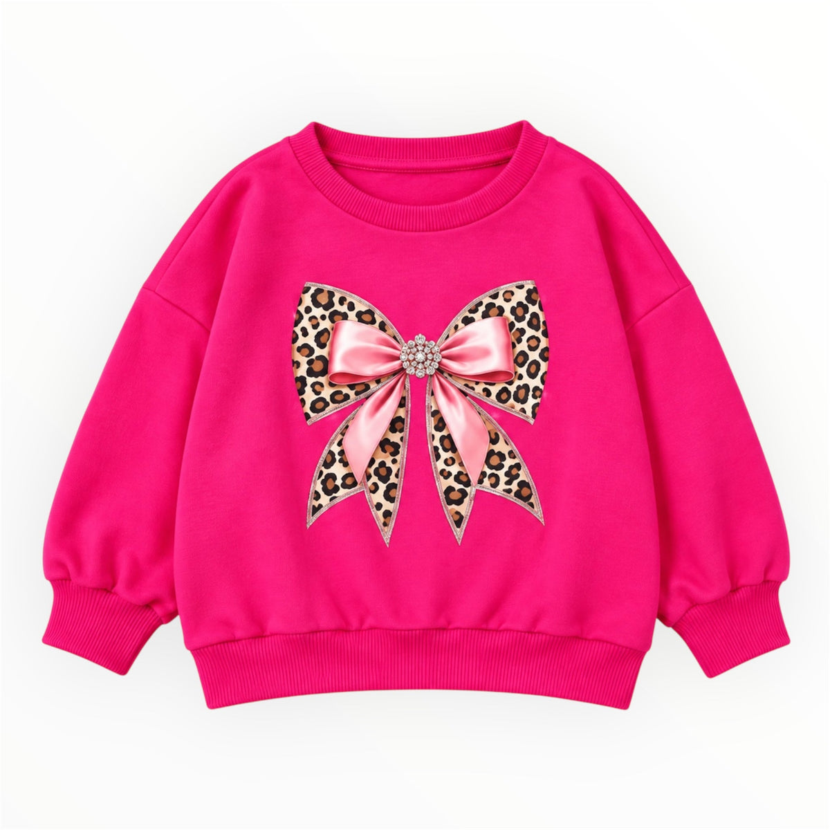 Fuchsia meisjes sweater met luipaard strik