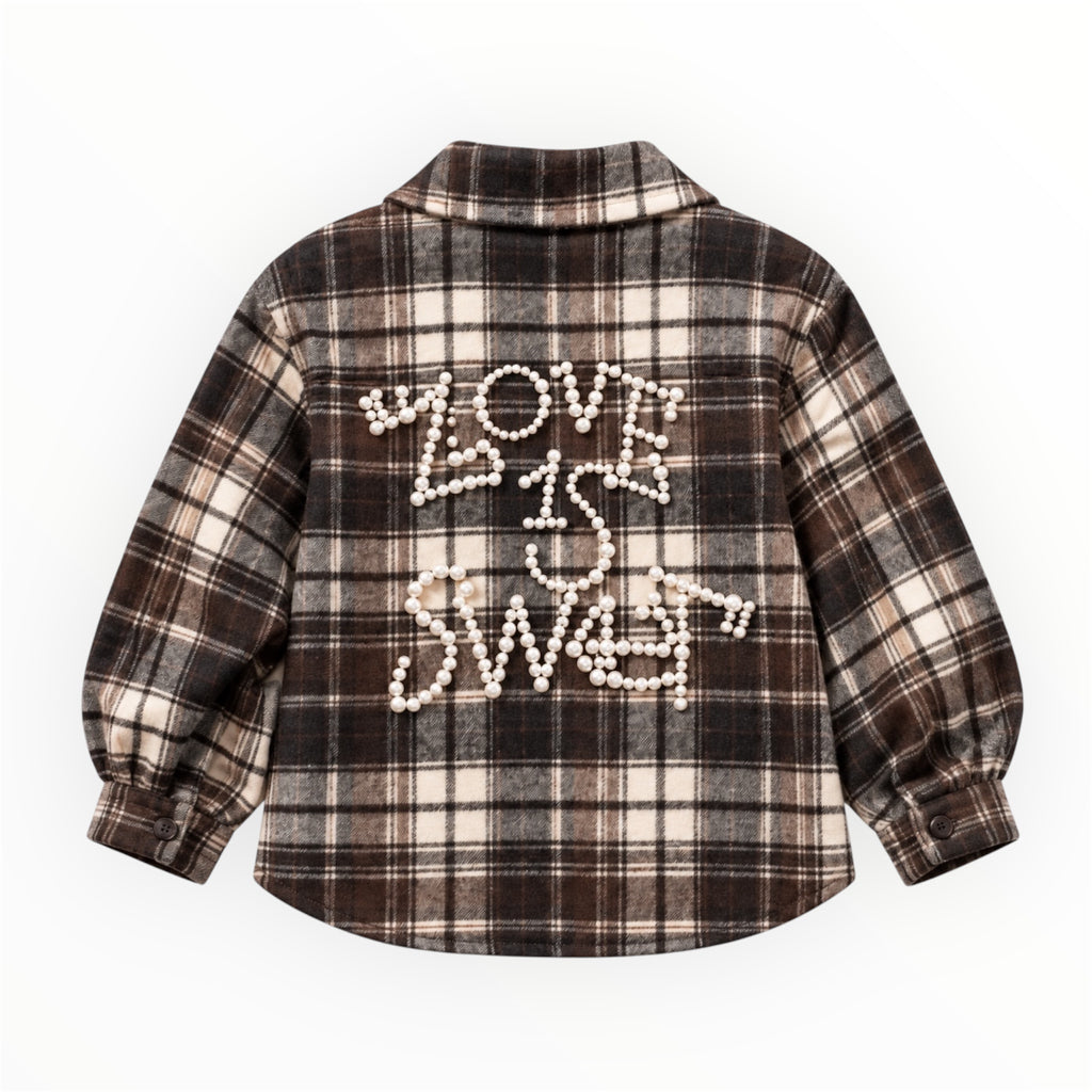 Meisjes Bruin Geruite Blouse met Parels