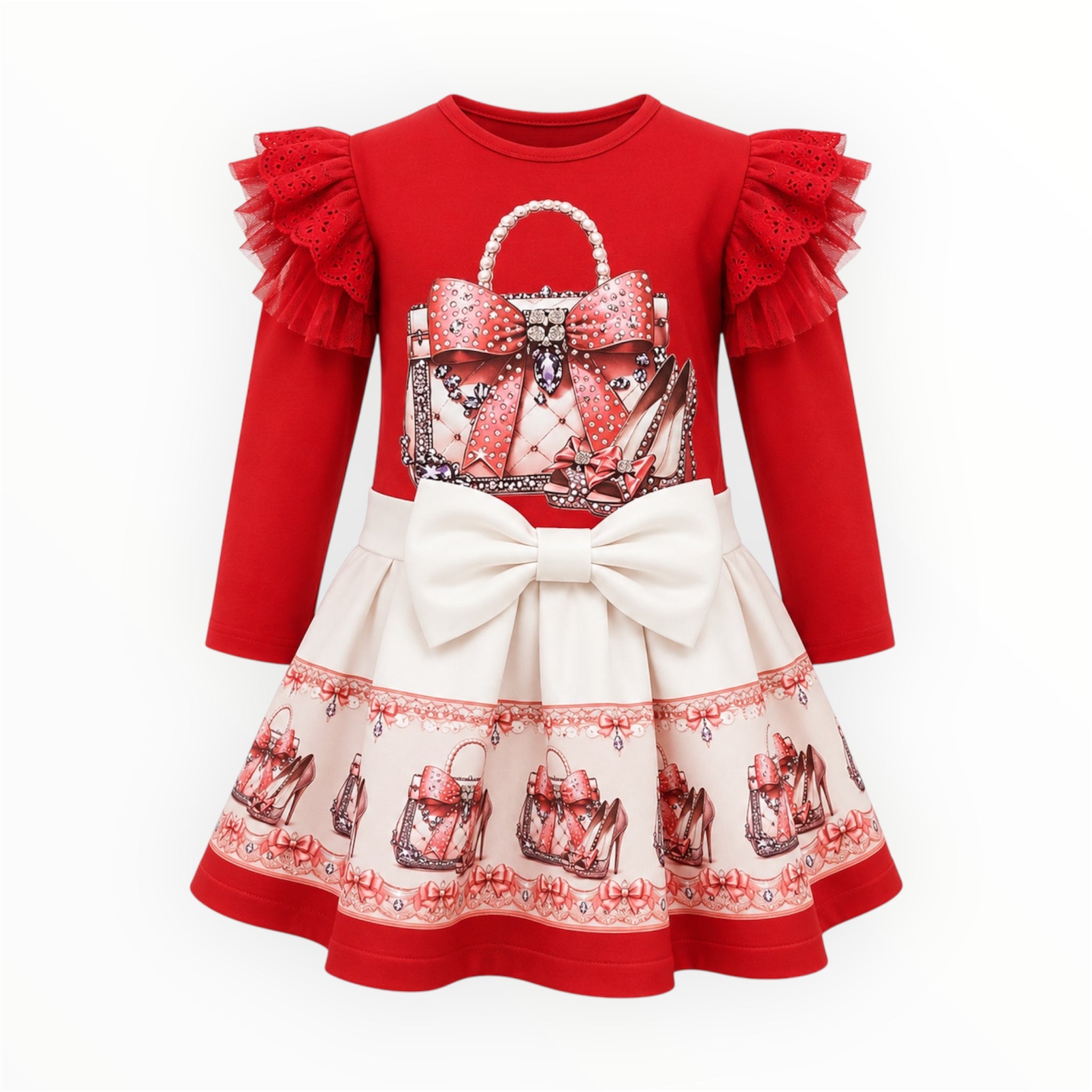 Peuter & Meisjes Set Rood – Lange Mouwen Shirt & Rok met Strik & Fashion Print