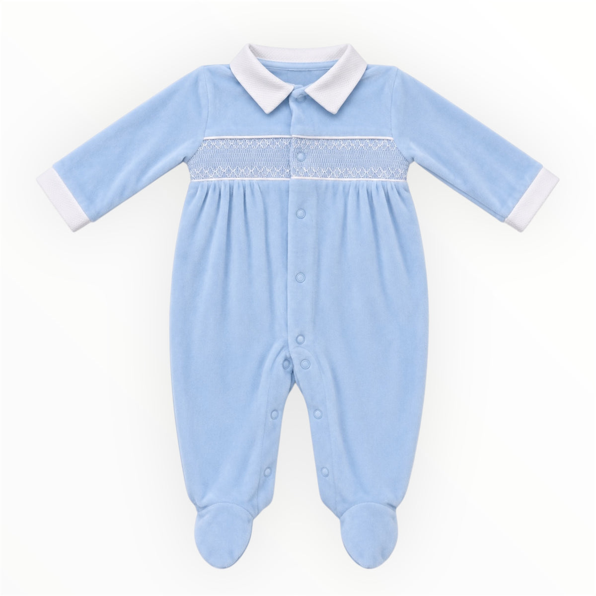 Baby Jongens Lichtblauw Velours Boxpakje met Smockdetails