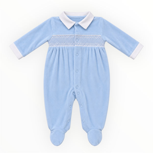 Baby Jongens Lichtblauw Velours Boxpakje met Smockdetails