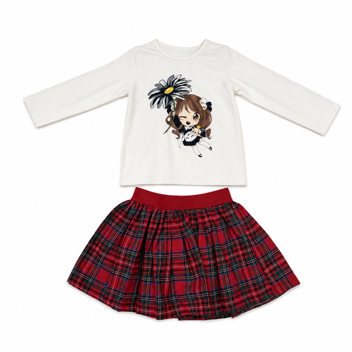 Meisjes 3-Delige Set Ruit Rok, Shirt & Vest – Rood/Donkerblauw – foto 2