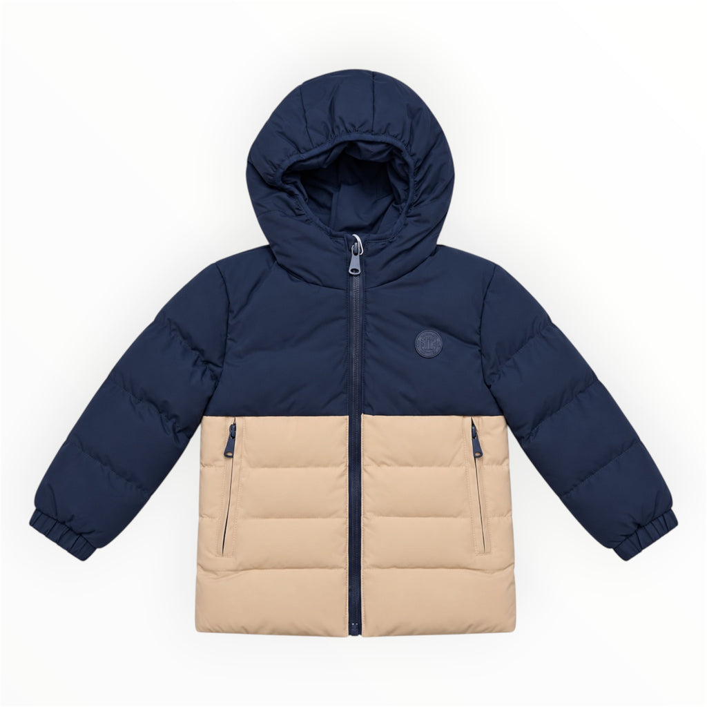Peuter Jongens Gewatteerde Winterjas Donkerblauw & Beige met Capuchon