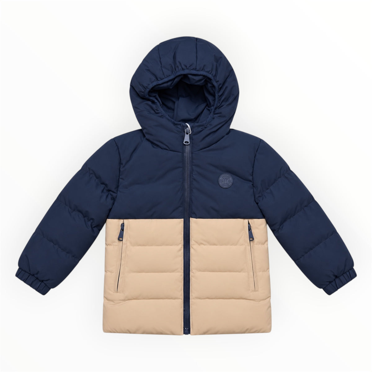 Peuter Jongens Gewatteerde Winterjas Donkerblauw & Beige met Capuchon