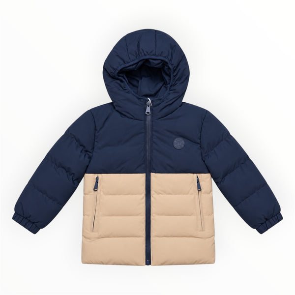 Peuter Jongens Gewatteerde Winterjas Donkerblauw & Beige met Capuchon