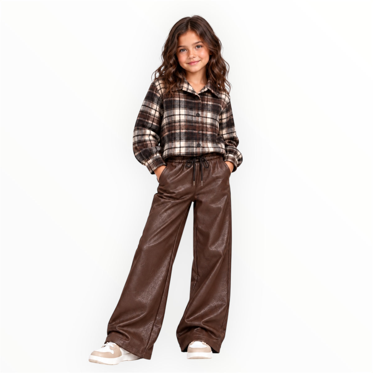 Meisjes Bruin Geruite Blouse met Parels