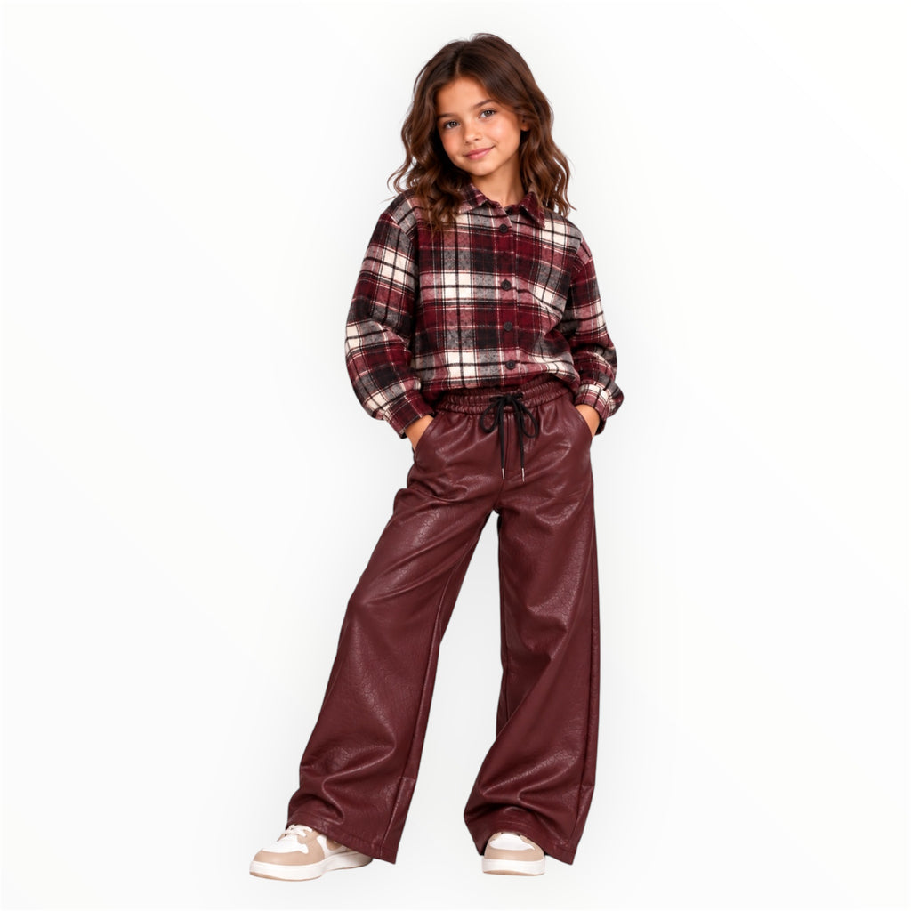 Meisjes Bordeaux Geruite Blouse met Parels