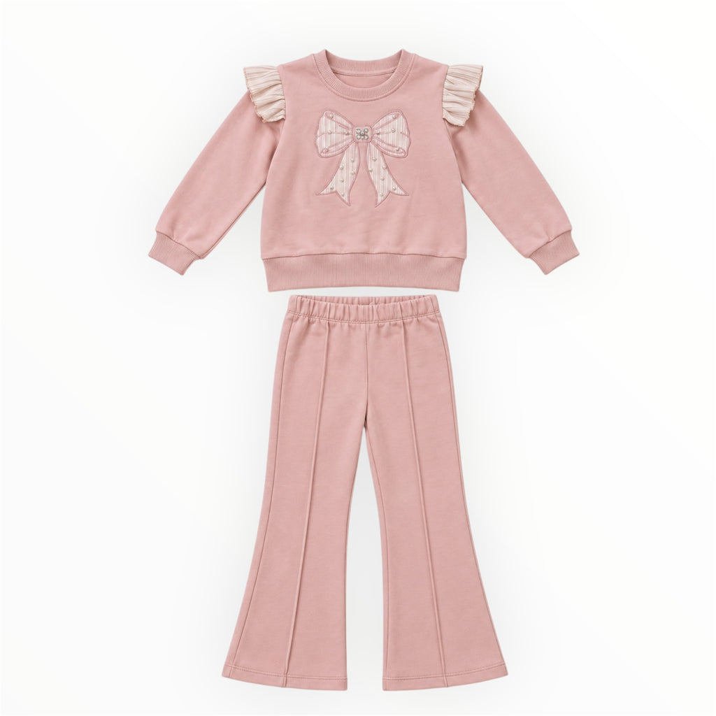 Meisjes Flared Set met Parelstrik – Roze
