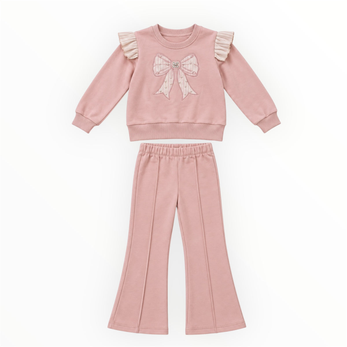 Meisjes Flared Set met Parelstrik – Roze