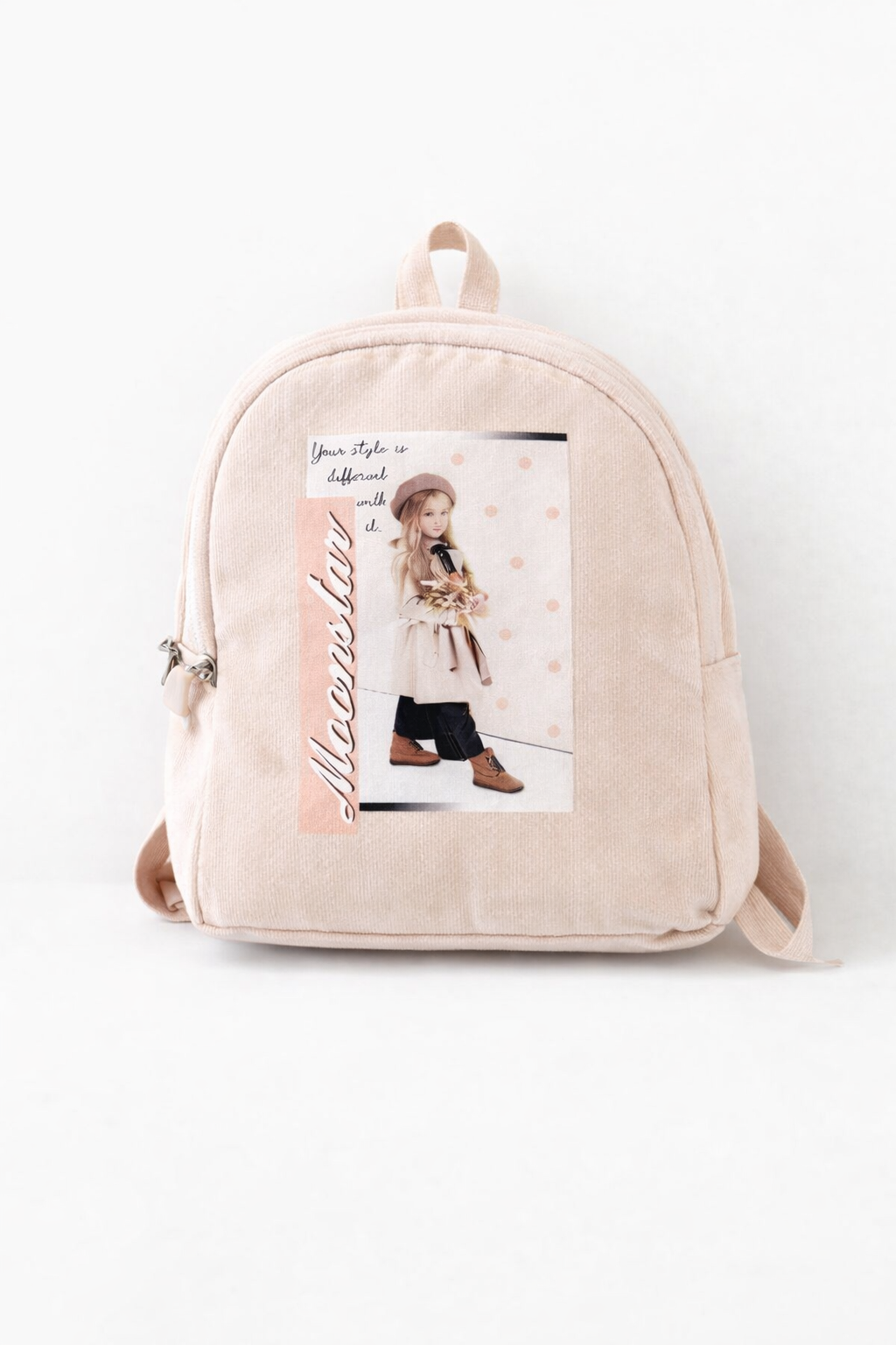 Meisjes Jurk Set Beige – Lange Mouw Jurk met Ruches & Bijpassende Rugzak