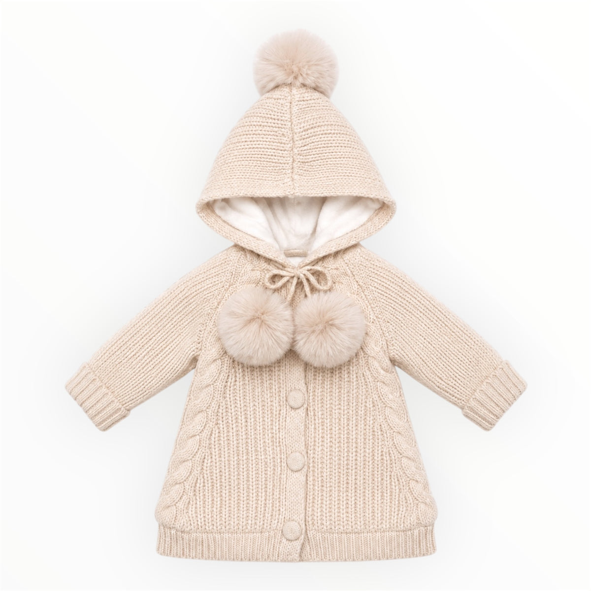 Gebreid Baby Meisjes Vestje Crème met Capuchon & Pompons