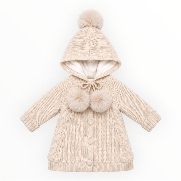 Gebreid Baby Meisjes Vestje Crème met Capuchon & Pompons