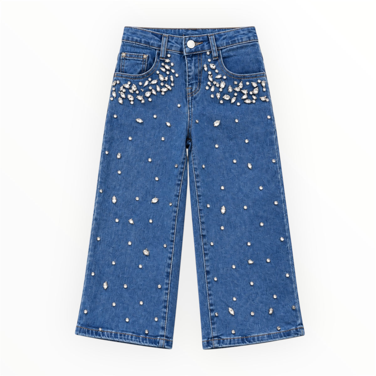 Meisjes Wide Leg Jeans met Strass Steentjes – Blauw