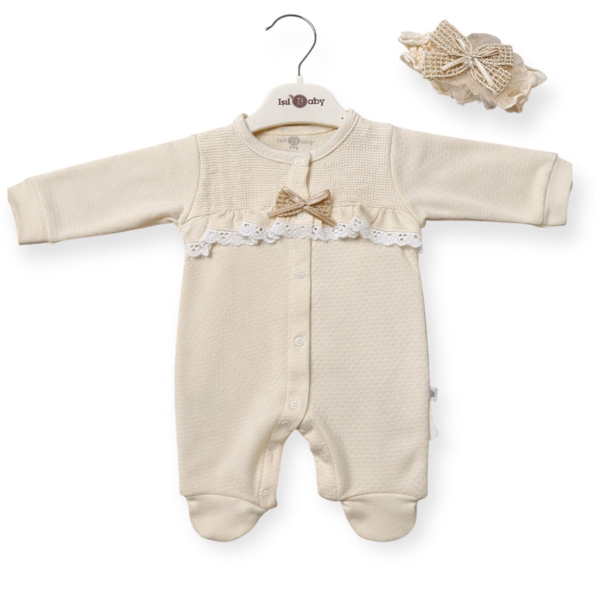 Baby Meisjes Boxpakje met Strik & Kant – Beige
