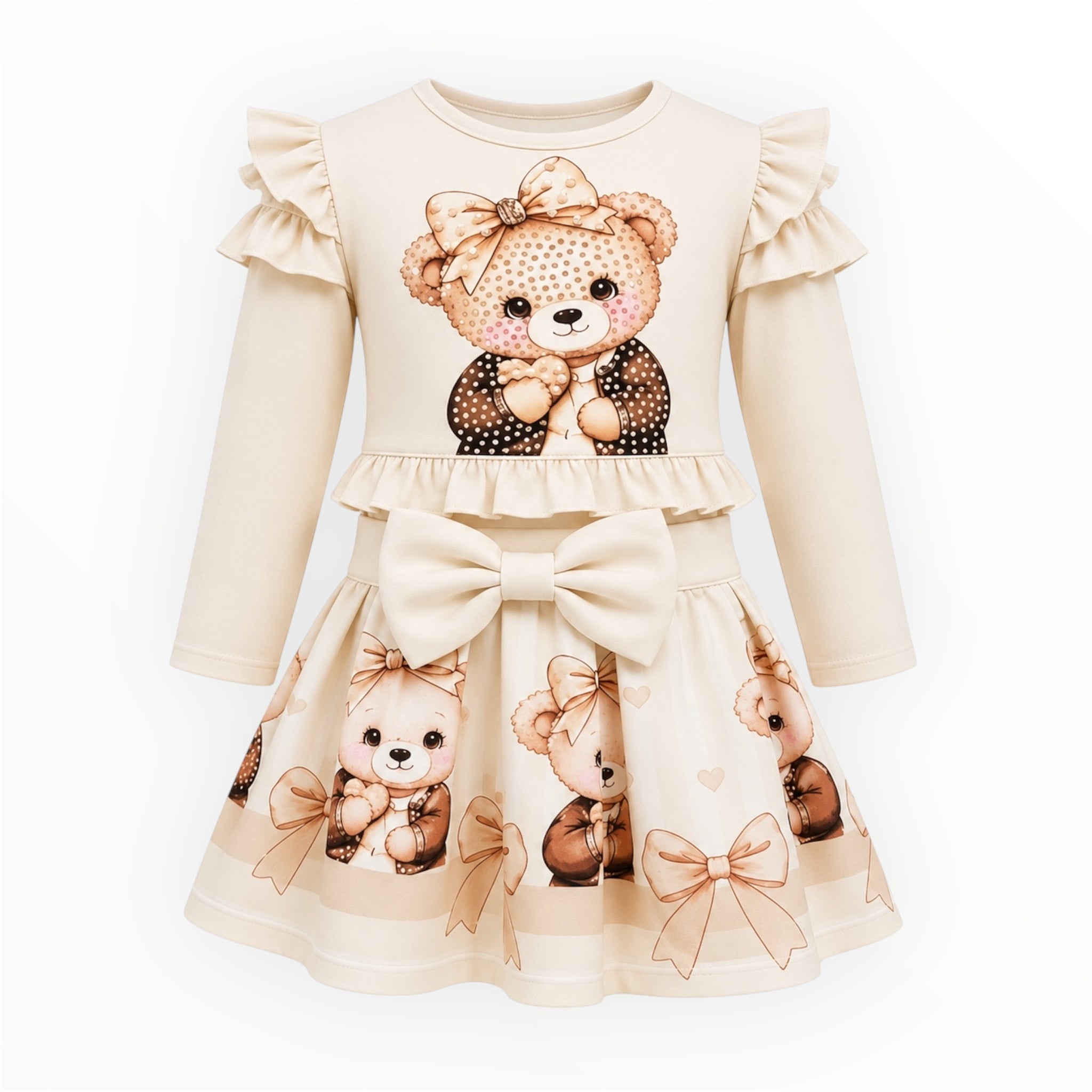 Peuter & Meisjes Set Ivoor – Lange Mouwen Shirt & Rok met Teddy Print