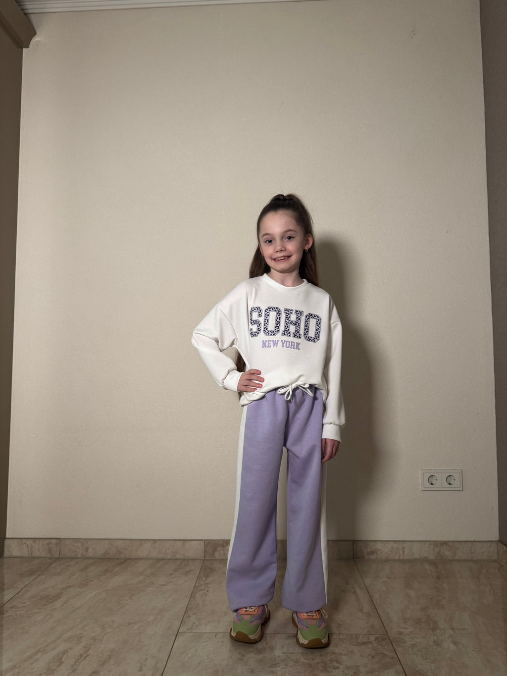 Meisjes Setje Sweater Print & Wijde Broek – Lila