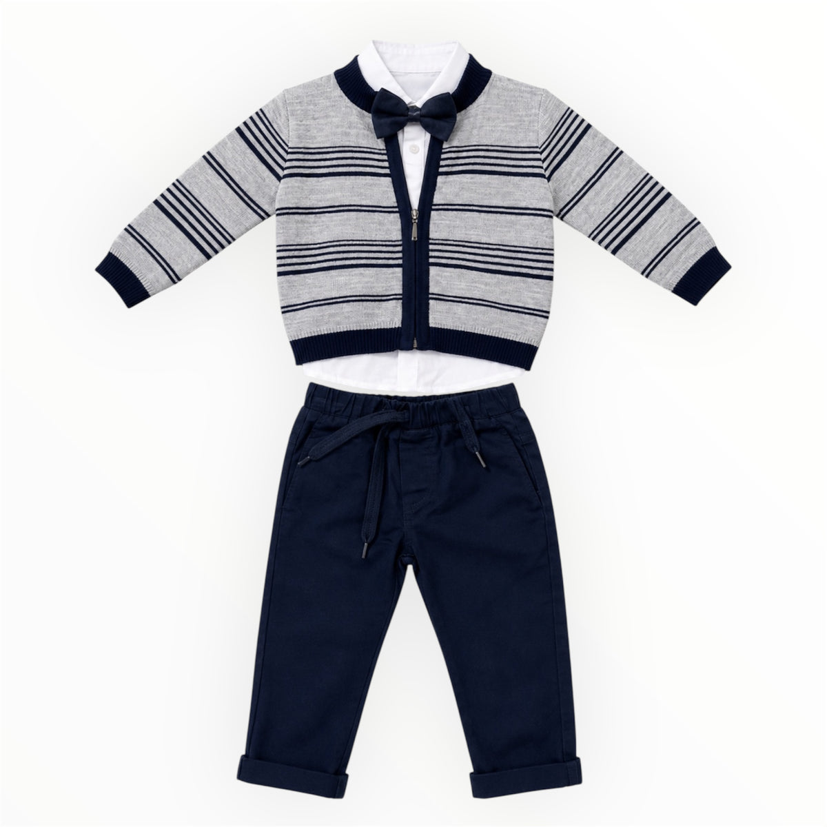 Baby Jongens 3-Delige Set Vest, Blouse & Broek – Grijs/Donkerblauw