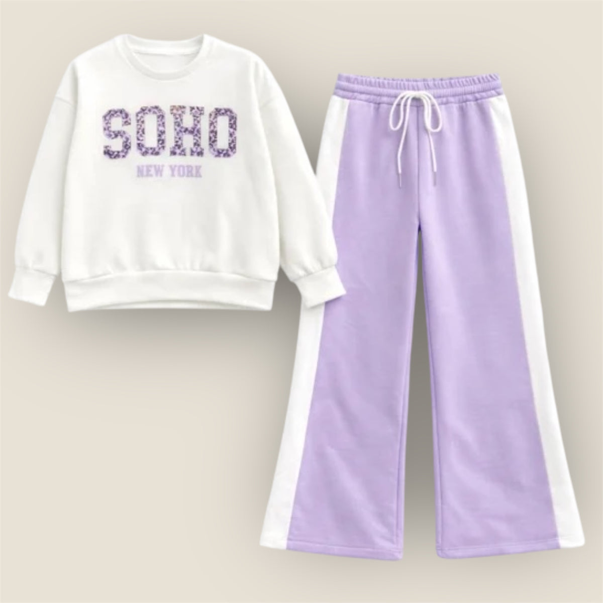 Meisjes Setje Sweater Print & Wijde Broek – Lila – foto 3