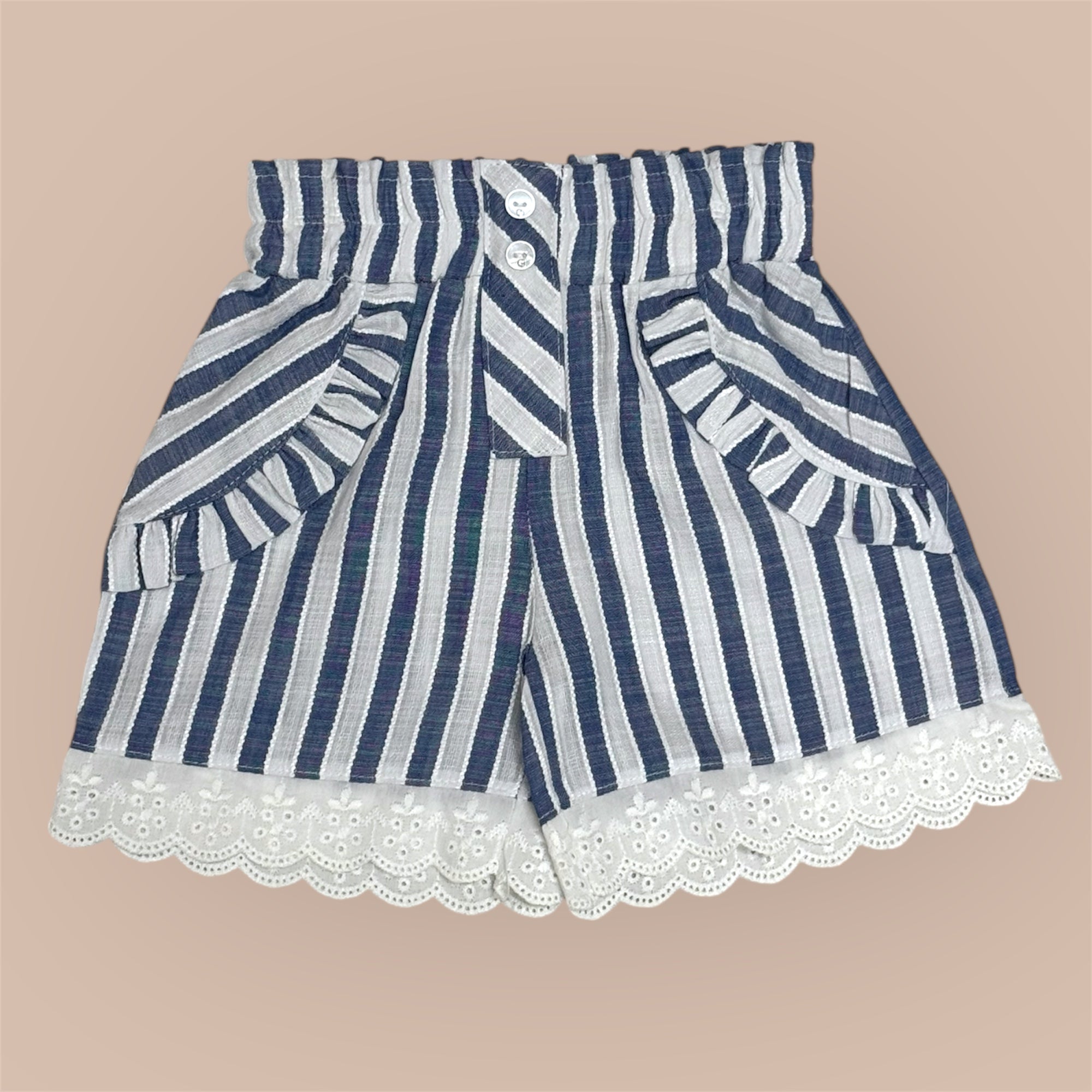 Baby Meisjes Set – Broderie Top, Donkerblauw Gestreepte Short & Haarband