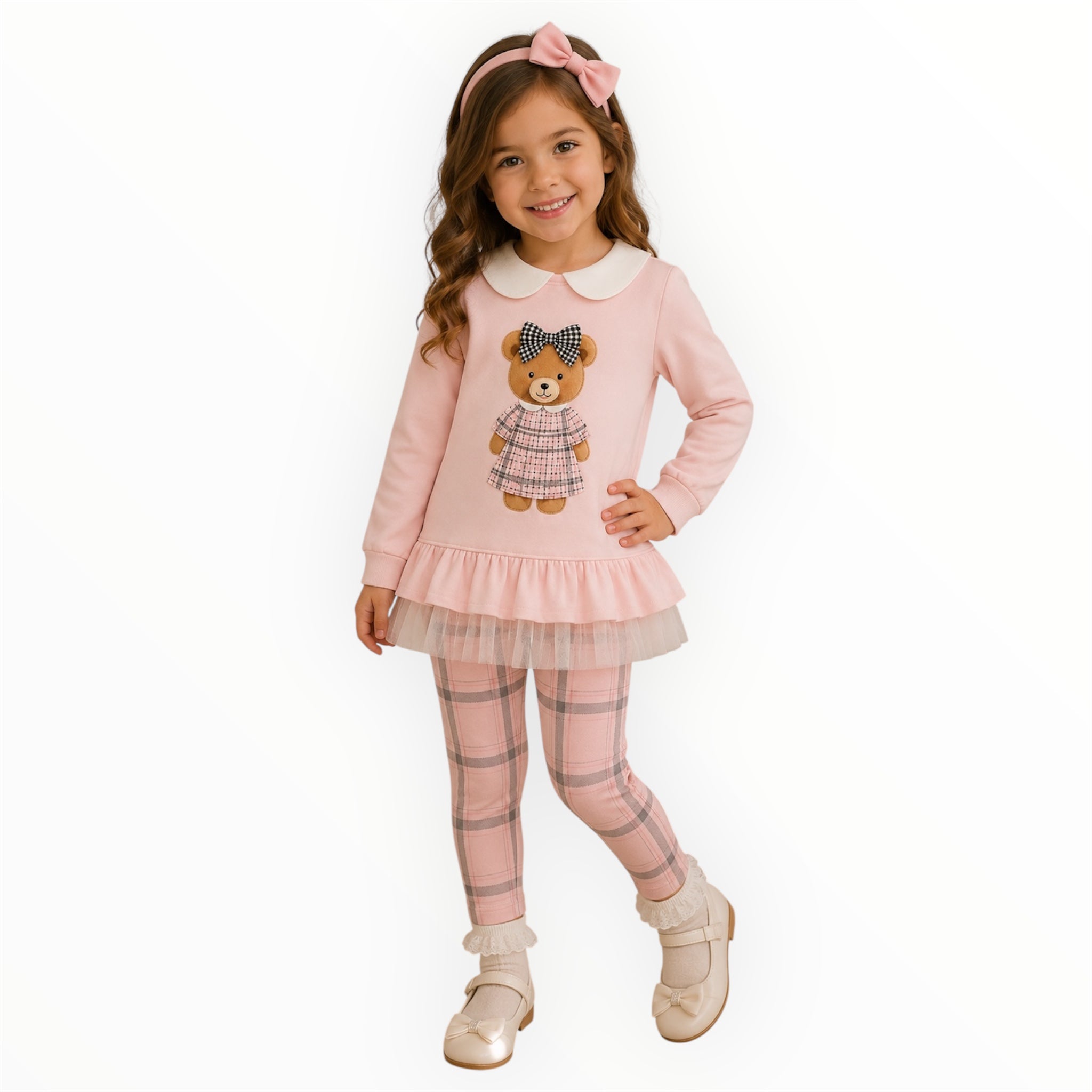 Roze Meisjes Set met Teddy Trui en Geruite Legging