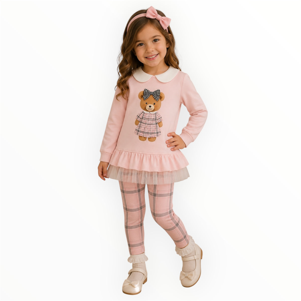 Roze Meisjes Set met Teddy Trui en Geruite Legging – foto 2