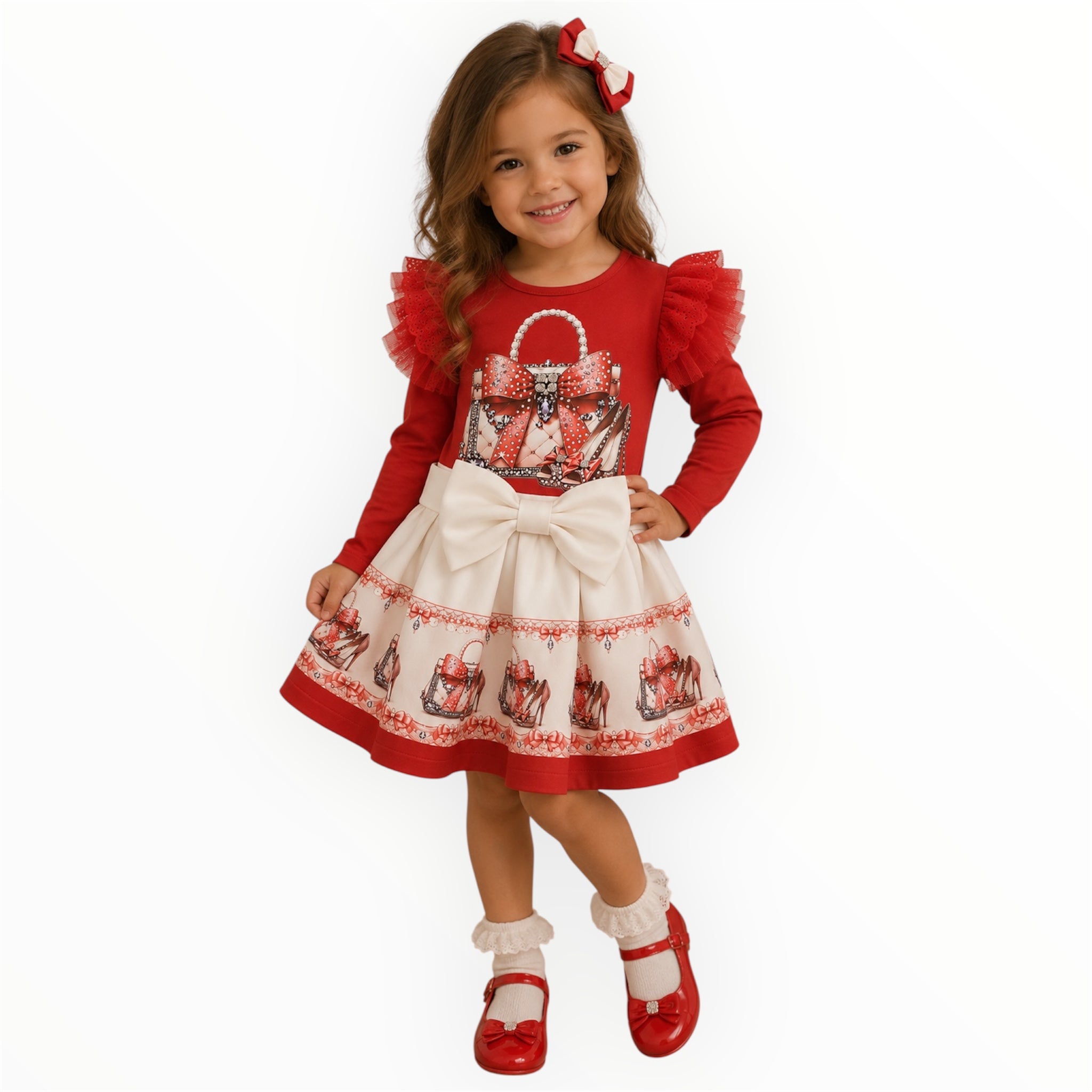Peuter & Meisjes Set Rood – Lange Mouwen Shirt & Rok met Strik & Fashion Print