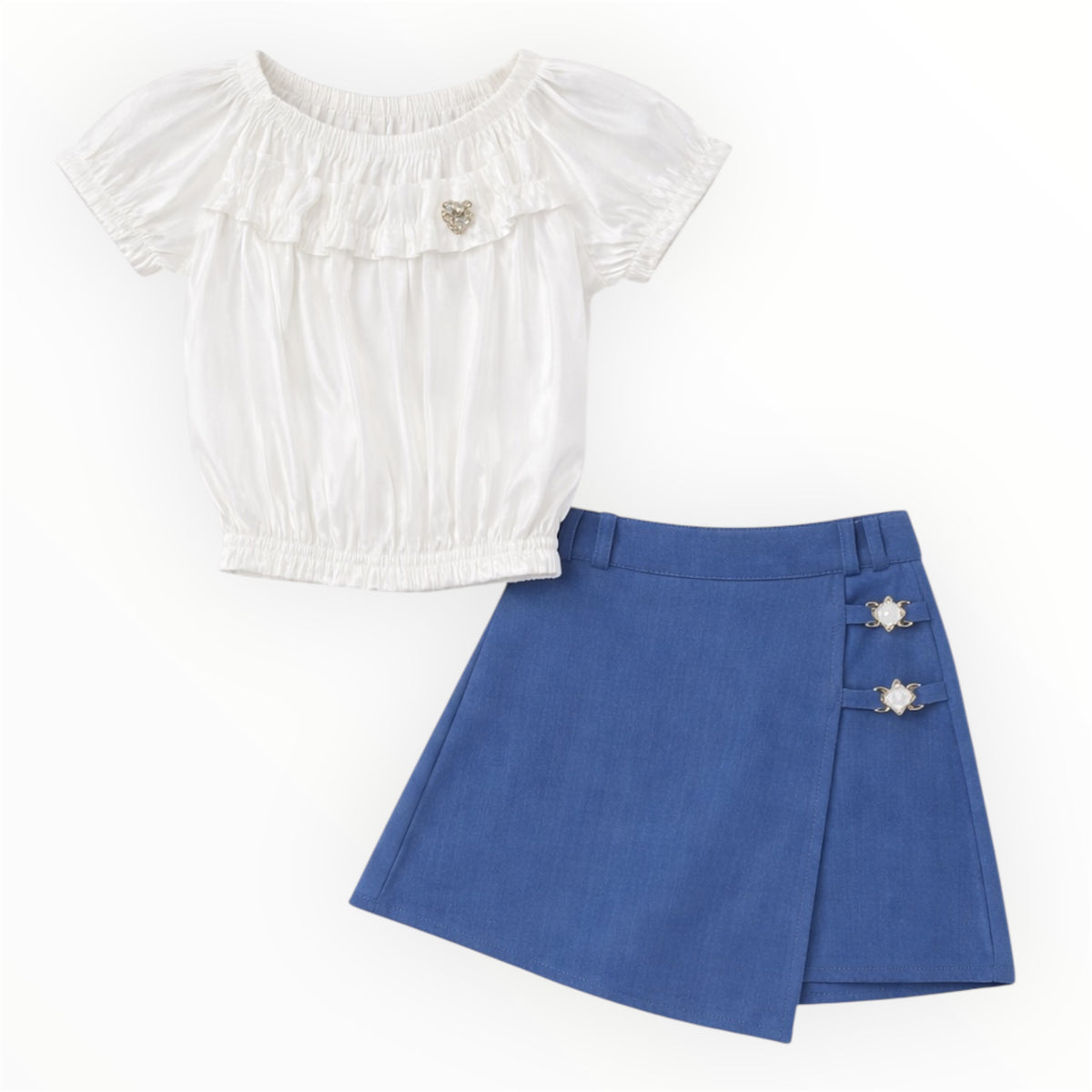 Meisjes Setje Blouse & Skort Gouddetail – Wit Blauw