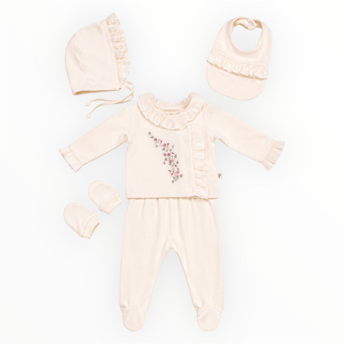 5-Delige Baby Meisjes Set Crème met Bloemen & Ruches