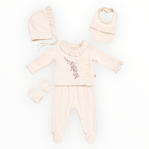 5-Delige Baby Meisjes Set Crème met Bloemen & Ruches