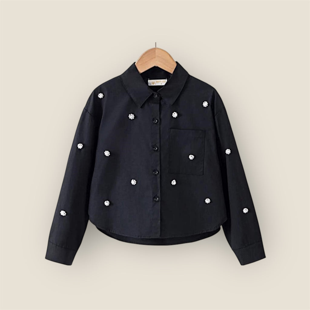 Meisjes Blouse met Pareldetails – Zwart
