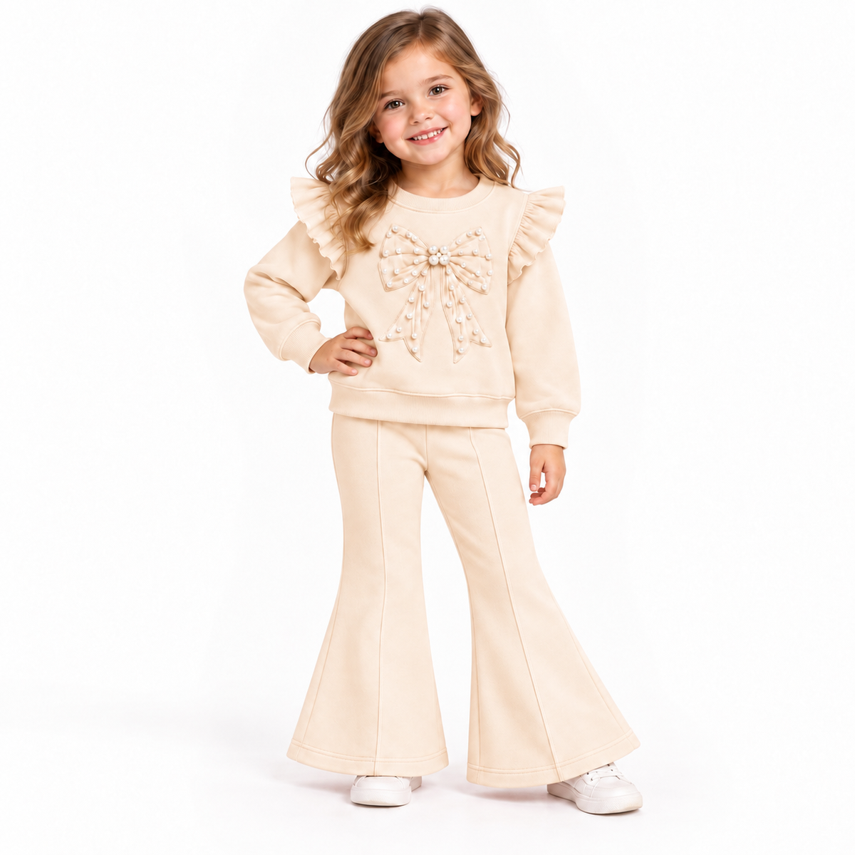 Meisjes Flared Set met Parelstrik – Crème – foto 2