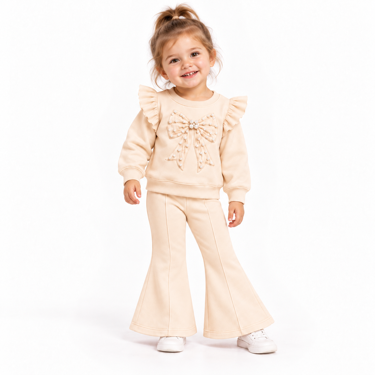 Meisjes Flared Set met Parelstrik – Crème – foto 3