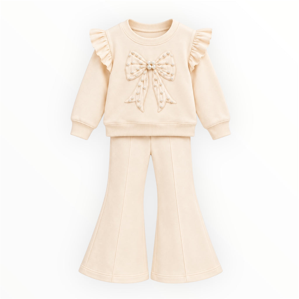 Meisjes Flared Set met Parelstrik – Crème
