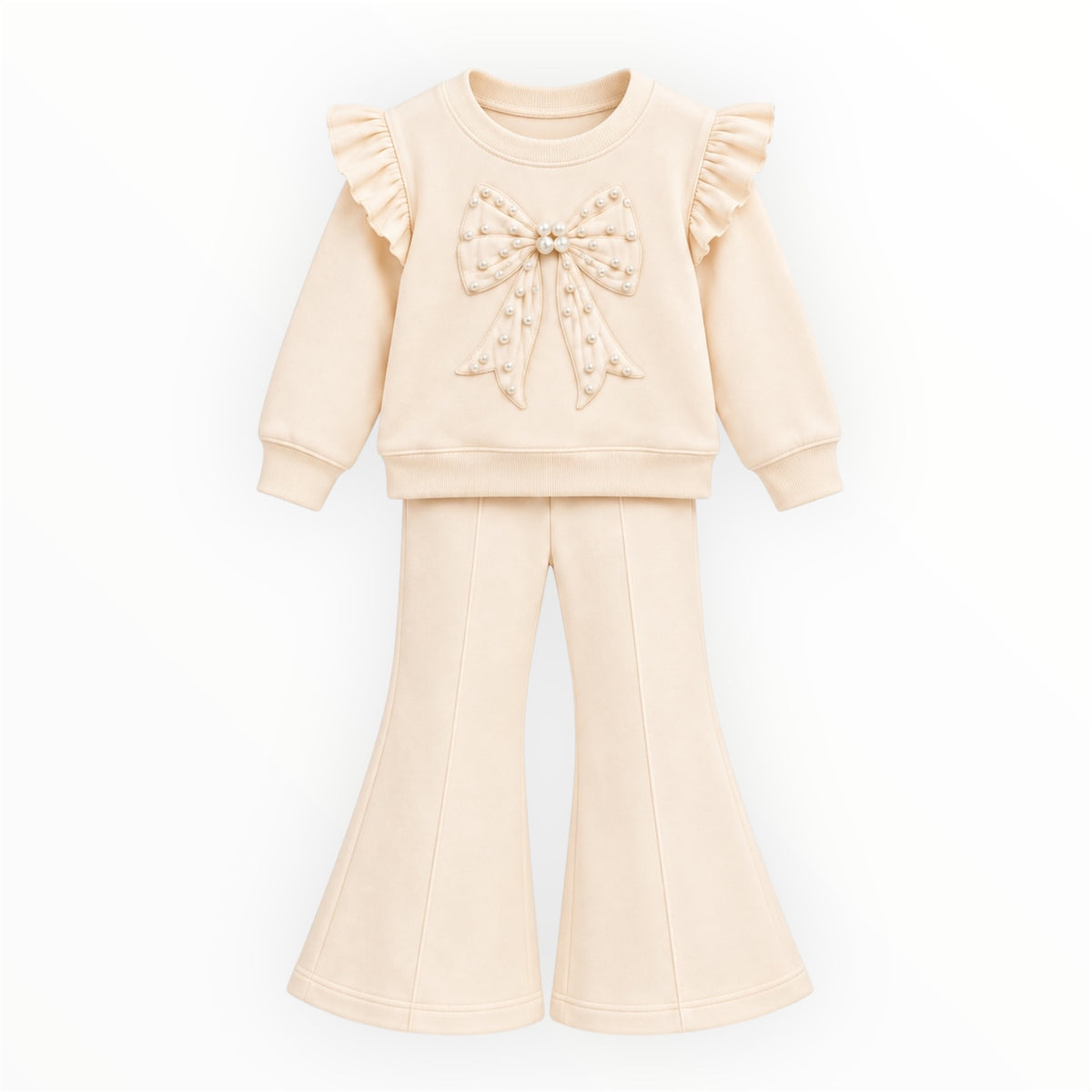 Meisjes Flared Set met Parelstrik – Crème