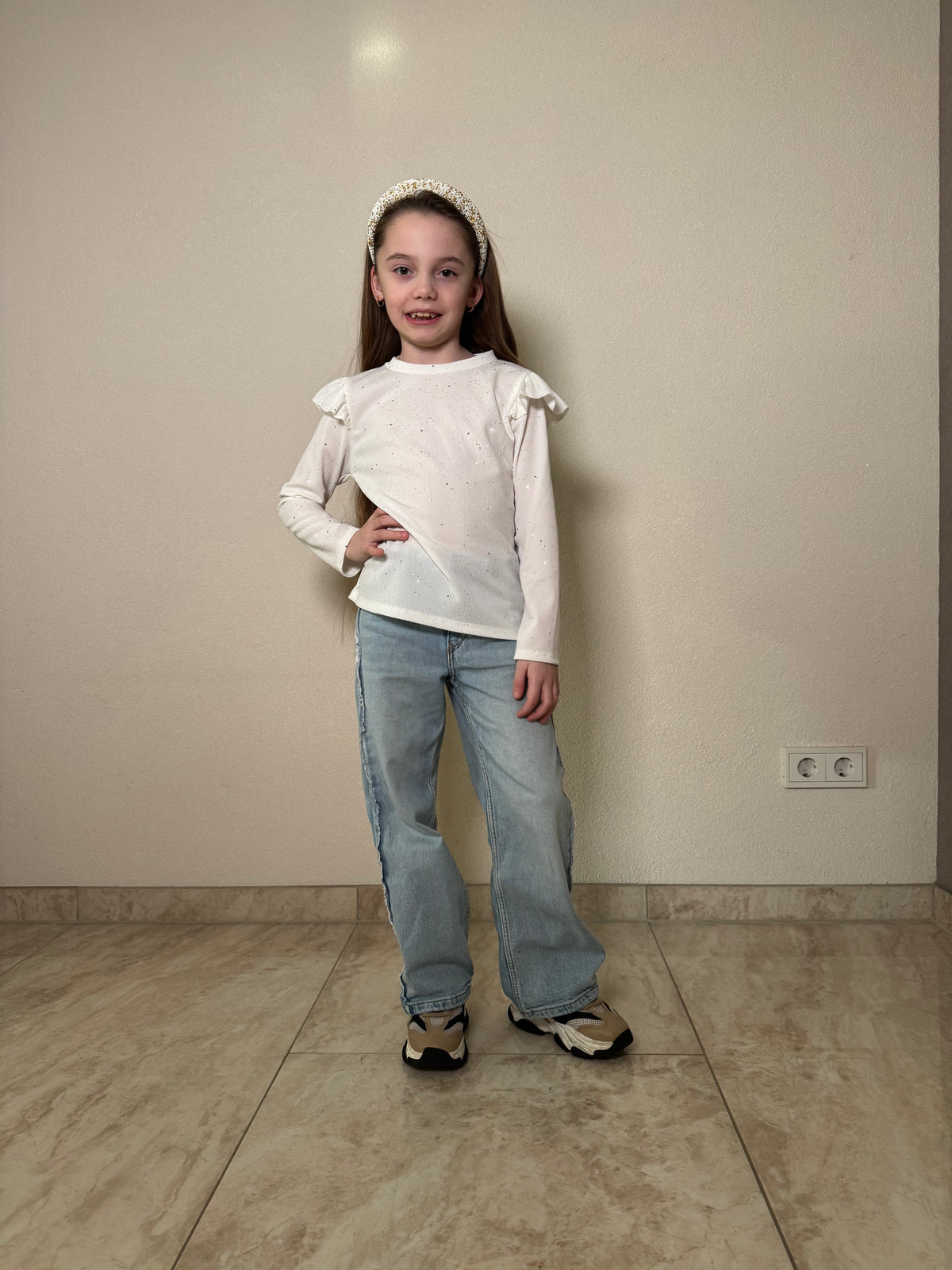 Meisjes Shirt Lange Mouw Zilveren Spots – Off White – foto 2