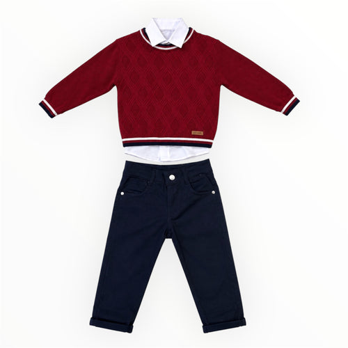 3-Delige Peuter Jongens Set Bordeaux met Blouse & Broek