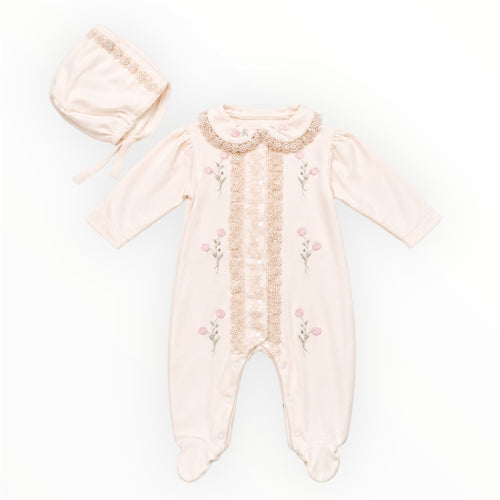 2-Delige Baby Meisjes Boxpakje Crème met Bloemen & Kant
