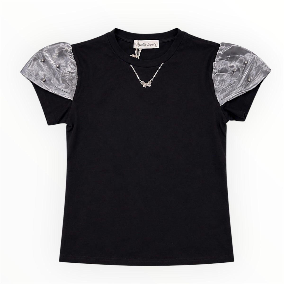 Meisjes T-shirt Zwart met Zilveren Pofmouwen