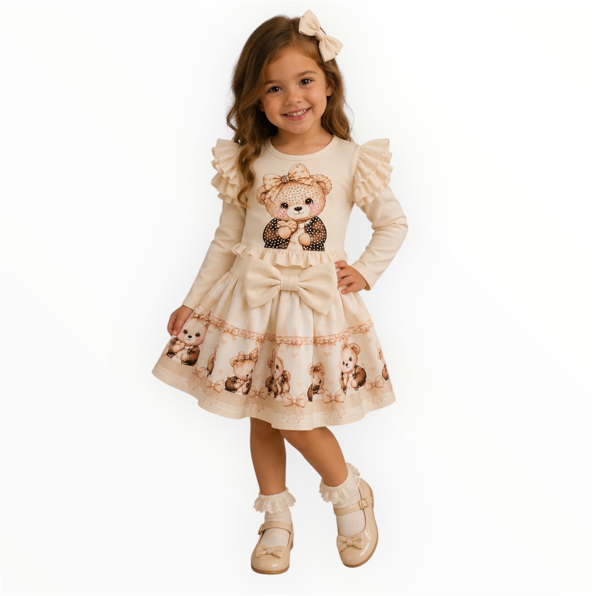 Peuter & Meisjes Set Ivoor – Lange Mouwen Shirt & Rok met Teddy Print