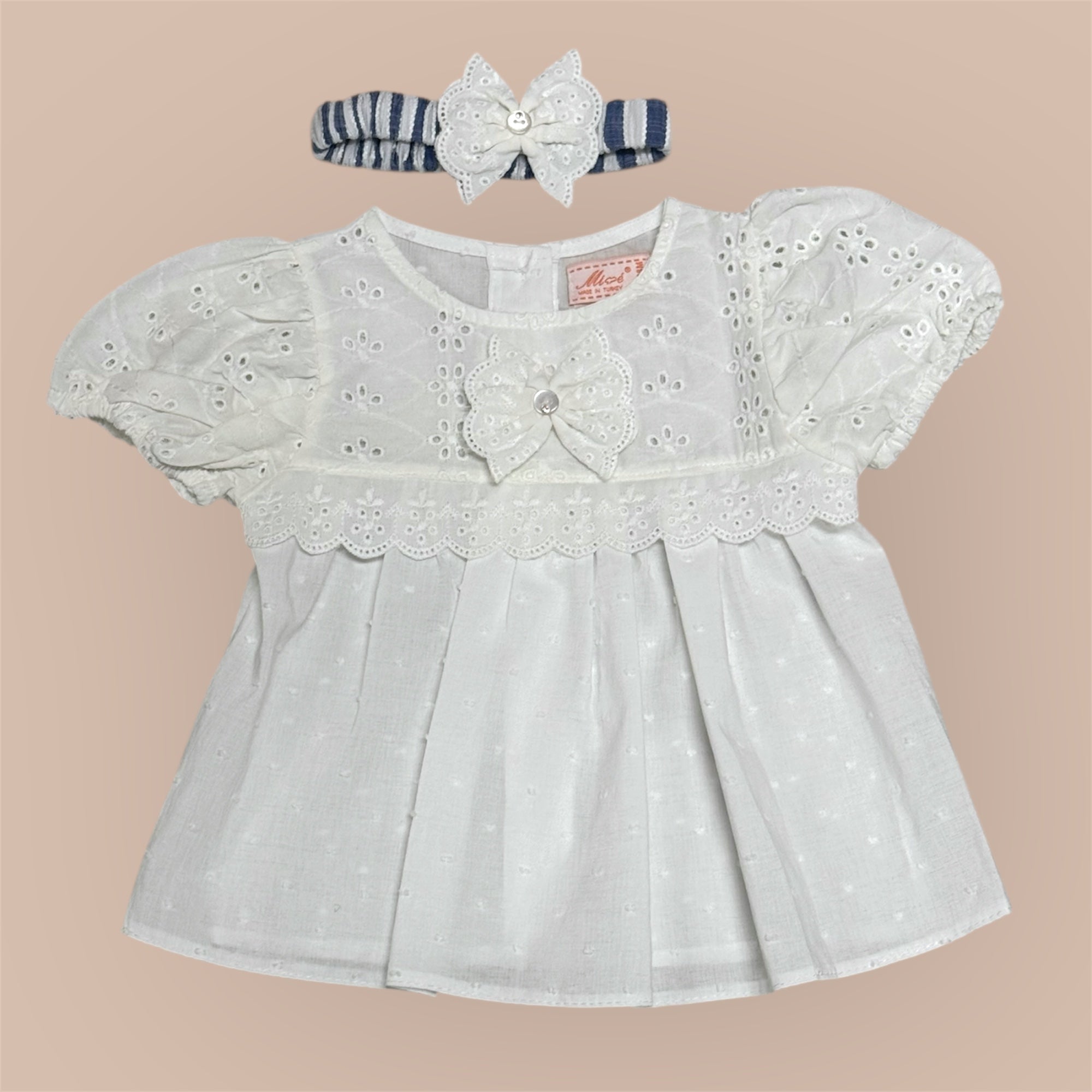 Baby Meisjes Set – Broderie Top, Donkerblauw Gestreepte Short & Haarband