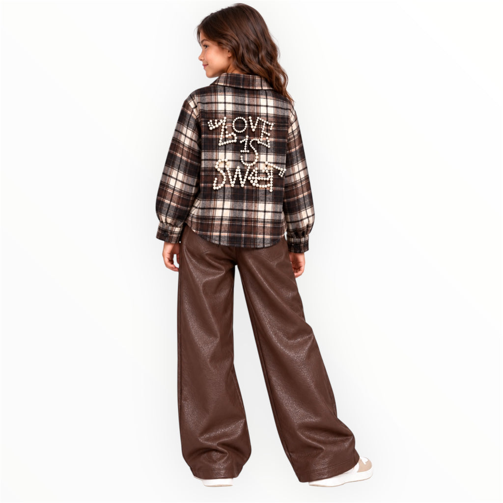 Meisjes Bruin Geruite Blouse met Parels