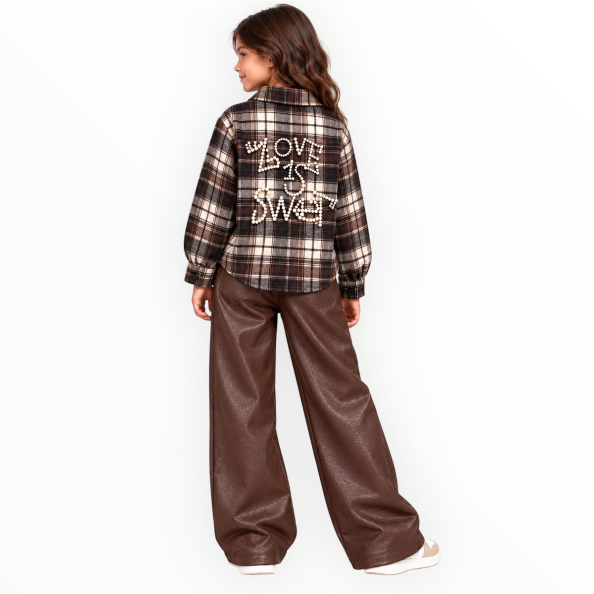 Meisjes Bruin Geruite Blouse met Parels