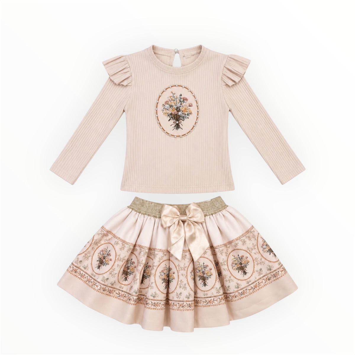 Meisjes Beige 2-Delige Set met Bloemenprint – Top & Rokje